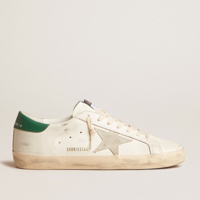 Golden Goose Super-Star In White Leather With Ice-gray Suede Star And Green Leather Heel Tab