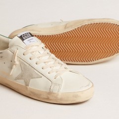 Golden Goose Super-Star In White Leather With Ice-gray Suede Star And Green Leather Heel Tab