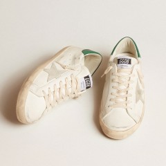 Golden Goose Super-Star In White Leather With Ice-gray Suede Star And Green Leather Heel Tab