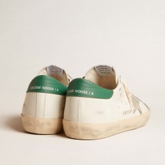 Golden Goose Super-Star In White Leather With Ice-gray Suede Star And Green Leather Heel Tab