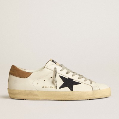 Golden Goose Super-Star In White Leather With Midnight-blue Canvas Star And Tobacco Leather Heel Tab