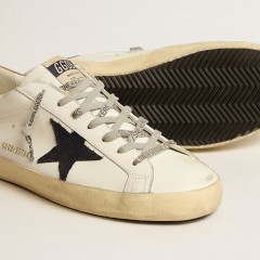 Golden Goose Super-Star In White Leather With Midnight-blue Canvas Star And Tobacco Leather Heel Tab