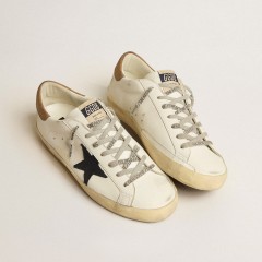 Golden Goose Super-Star In White Leather With Midnight-blue Canvas Star And Tobacco Leather Heel Tab