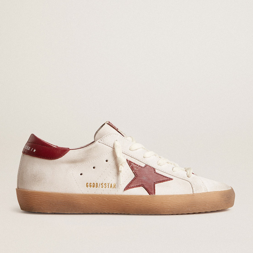 Golden Goose Super-Star In White Suede With Burgundy Leather Star And Heel Tab