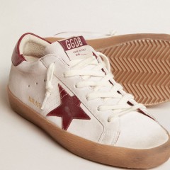 Golden Goose Super-Star In White Suede With Burgundy Leather Star And Heel Tab