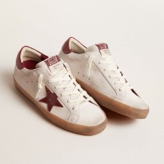 Golden Goose Super-Star In White Suede With Burgundy Leather Star And Heel Tab