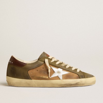 Golden Goose Super-Star LTD In Green Leather And Tobacco-colored Suede With Silver Star