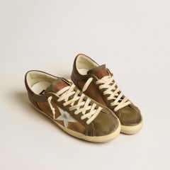 Golden Goose Super-Star LTD In Green Leather And Tobacco-colored Suede With Silver Star