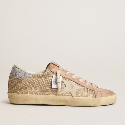 Golden Goose Super-Star LTD In White Mesh And Pink Nubuck With Swarovski Crystals Heel Tab