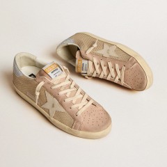 Golden Goose Super-Star LTD In White Mesh And Pink Nubuck With Swarovski Crystals Heel Tab