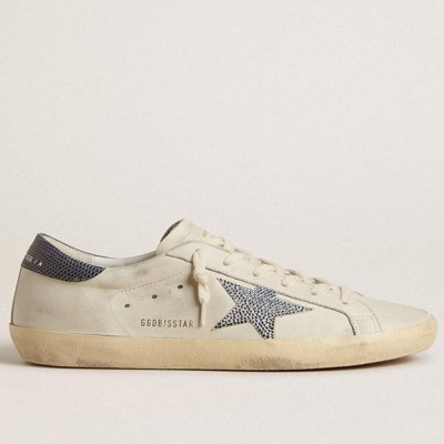 Golden Goose Super-Star LTD With Cream-colored Leather Star With Swarovski Crystals And Blue Leather Heel Tab With Lizard Print