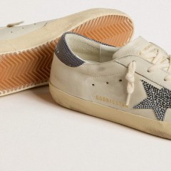 Golden Goose Super-Star LTD With Cream-colored Leather Star With Swarovski Crystals And Blue Leather Heel Tab With Lizard Print