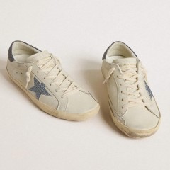 Golden Goose Super-Star LTD With Cream-colored Leather Star With Swarovski Crystals And Blue Leather Heel Tab With Lizard Print