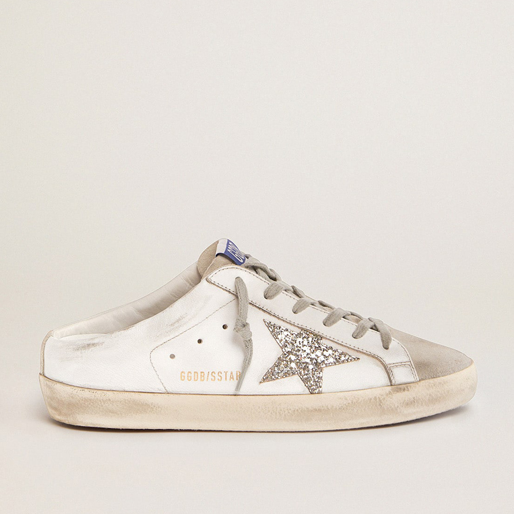 Golden Goose Super-Star Sabot With A Platinum Glitter Star And Suede Tongue