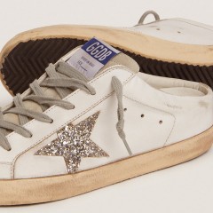 Golden Goose Super-Star Sabot With A Platinum Glitter Star And Suede Tongue