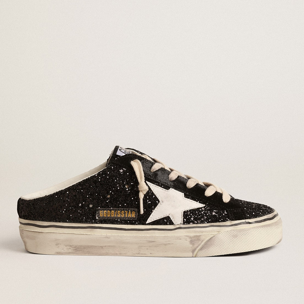 Golden Goose Super-Star Sabots In Black Glitter With White Bio-based Star