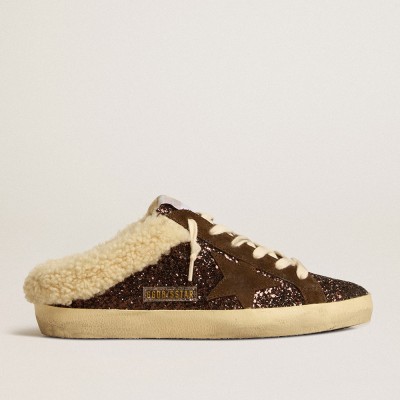 Golden Goose Super-Star Sabots In Glitter With Brown Star And Shearling Lining