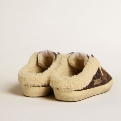 Golden Goose Super-Star Sabots In Glitter With Brown Star And Shearling Lining