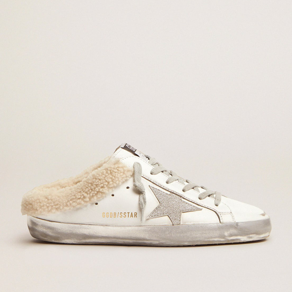 Golden Goose Super-Star Sabots In White Leather With Shearling Lining