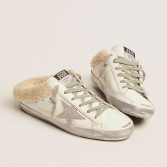 Golden Goose Super-Star Sabots In White Leather With Shearling Lining