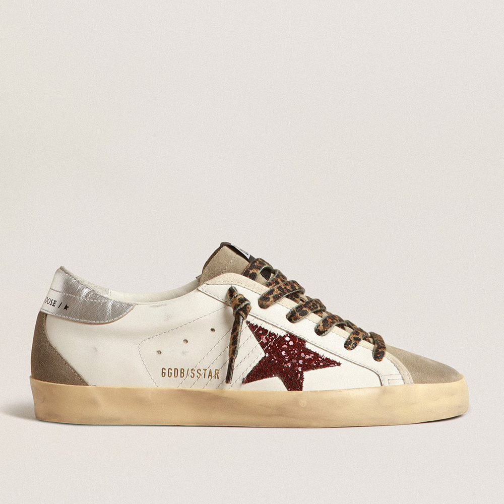 Golden Goose Super-Star With Burgundy Glitter Star And Silver Heel Tab