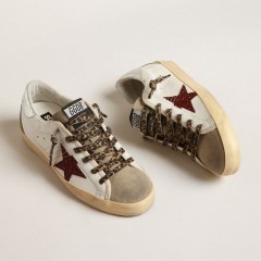 Golden Goose Super-Star With Burgundy Glitter Star And Silver Heel Tab