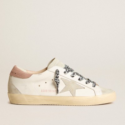 Golden Goose Super-Star With Ice-gray Star And Pink Lizard-print Heel Tab