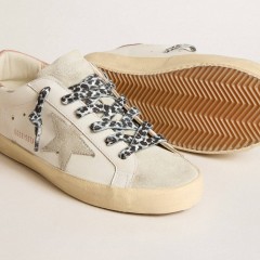 Golden Goose Super-Star With Ice-gray Star And Pink Lizard-print Heel Tab