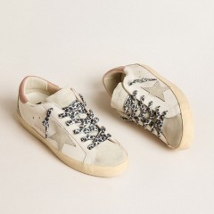 Golden Goose Super-Star With Ice-gray Star And Pink Lizard-print Heel Tab