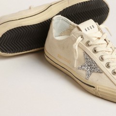 Golden Goose V-Star In Beige Canvas With A Silver Glitter Star