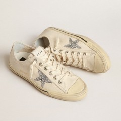 Golden Goose V-Star In Beige Canvas With A Silver Glitter Star