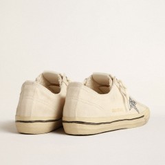 Golden Goose V-Star In Beige Canvas With A Silver Glitter Star