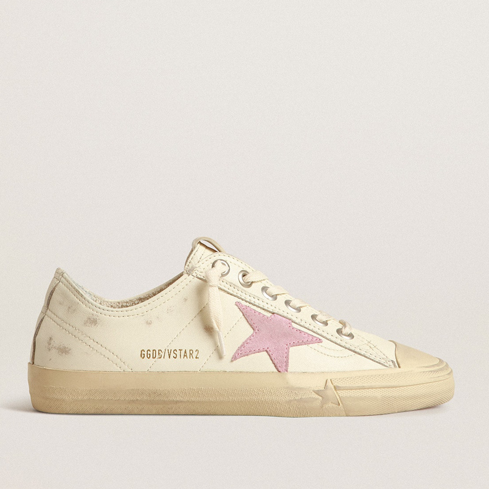 Golden Goose V-Star In Beige Nappa Leather With Old-rose Suede Star