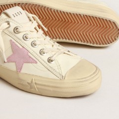 Golden Goose V-Star In Beige Nappa Leather With Old-rose Suede Star