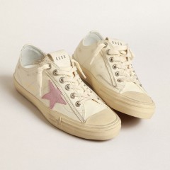 Golden Goose V-Star In Beige Nappa Leather With Old-rose Suede Star