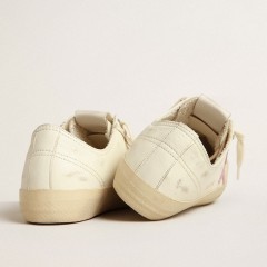 Golden Goose V-Star In Beige Nappa Leather With Old-rose Suede Star