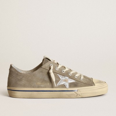 Golden Goose V-Star In Dove-gray Suede With Silver Metallic Leather Star