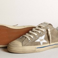 Golden Goose V-Star In Dove-gray Suede With Silver Metallic Leather Star