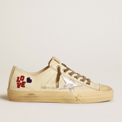 Golden Goose V-Star In Ecru Nappa With Silver Nappa Star And Beaded Embroidery