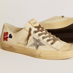 Golden Goose V-Star In Ecru Nappa With Silver Nappa Star And Beaded Embroidery