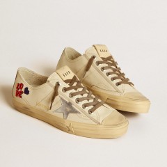 Golden Goose V-Star In Ecru Nappa With Silver Nappa Star And Beaded Embroidery