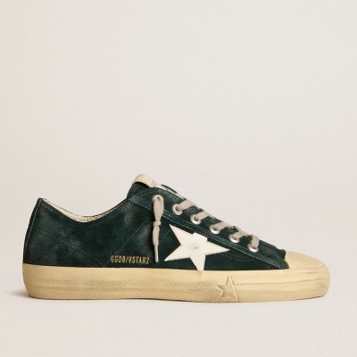 Golden Goose V-Star In Forest-green Suede With White Leather Star