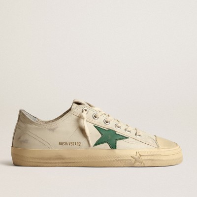 Golden Goose V-Star In Glossy Leather With Green Leather Star