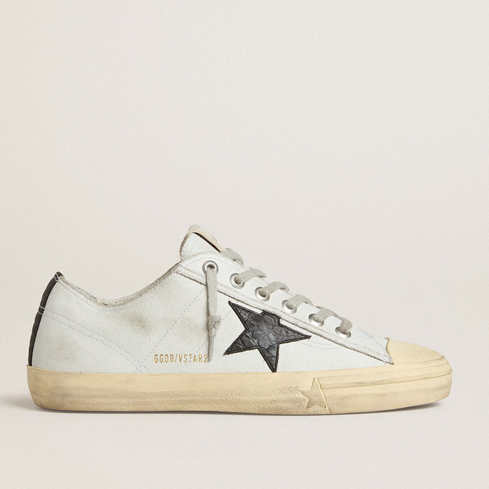 Golden Goose V-Star In Leather With Black Crocodile-print Leather Star And Heel Tab