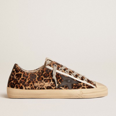 Golden Goose V-Star In Leopard Pony Skin With Black Leather Star And Heel Tab