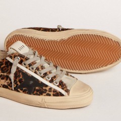 Golden Goose V-Star In Leopard Pony Skin With Black Leather Star And Heel Tab