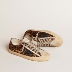 Golden Goose V-Star In Leopard Pony Skin With Black Leather Star And Heel Tab