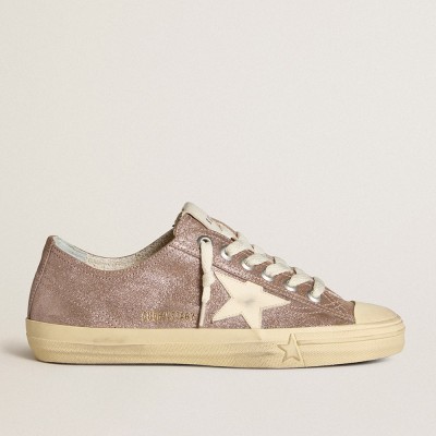 Golden Goose V-Star In Light Brown Metallic Suede With Cream Leather Star