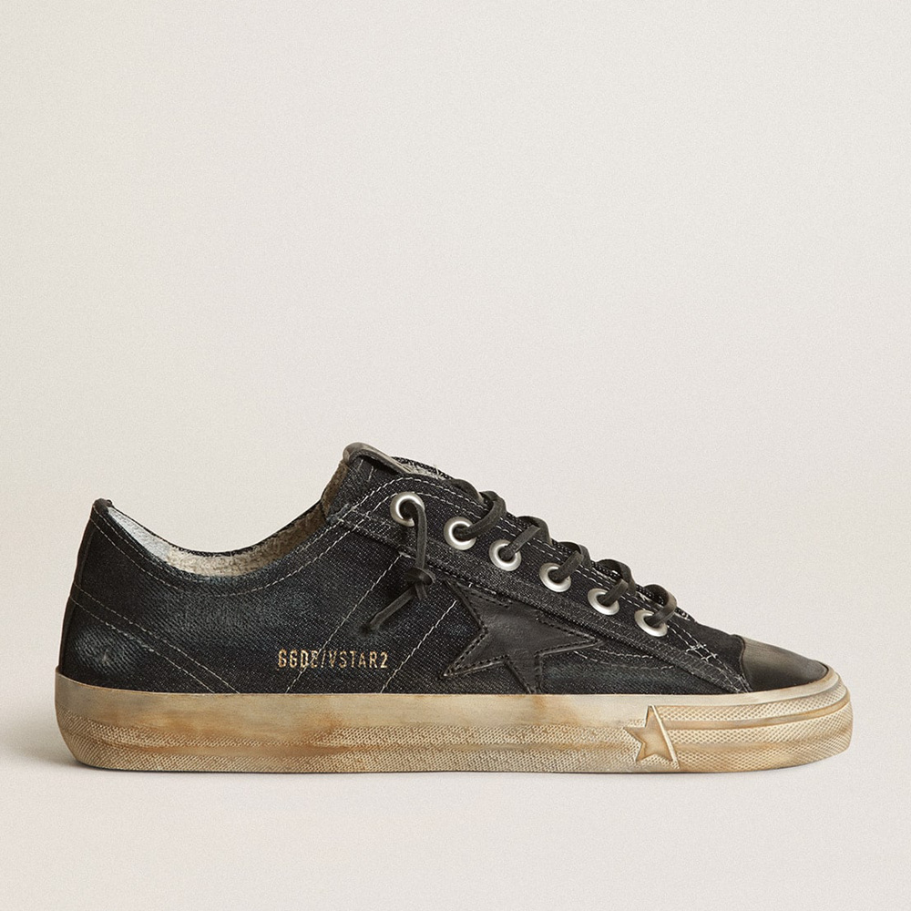 Golden Goose V-Star In Midnight-blue Denim With Black Leather Star And Toe