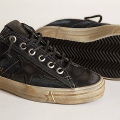 Golden Goose V-Star In Midnight-blue Denim With Black Leather Star And Toe